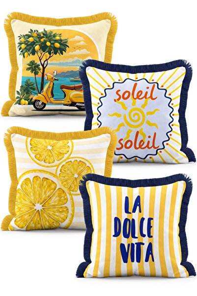 IdeCraft Akdeniz Yaz Temalı Limon Vespa ve Çizgili 4'lü Saçaklı Kırlent Kılıf...
