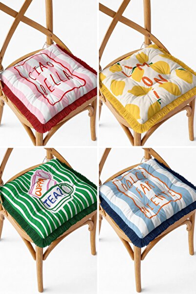 IdeCraft Set of 4 Pop Art Dolce Far Niente Slogan Fringed Puffy Chair Cushions