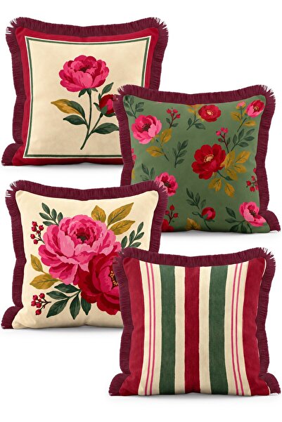 IdeCraft Vintage Peony Flower Patterned Burgundy Green Striped 4-Piece Fringe...