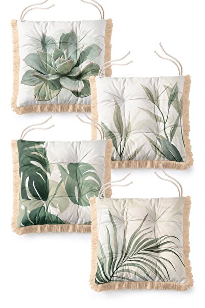 IdeCraft Green Monstera and Succulent Patterned Fringed Fluffy Chair Cushion ...