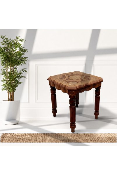 Al Athar Arts Decorative Hand-Cut Sheesham Wood Coffee Side Table with Brass Inlay { 42 X 42 X 45 Cm }