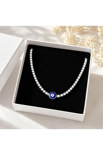 CM Jewelry Zircon Stone Waterway Evil Eye Beaded Silver Color Steel Necklace