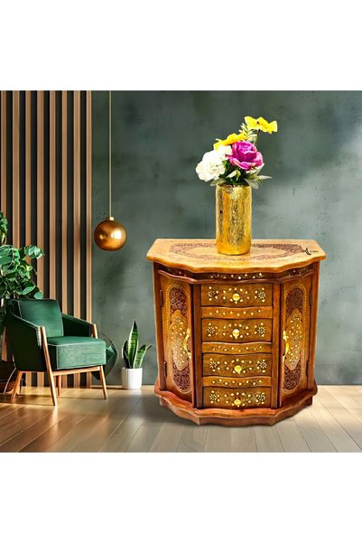Al Athar Arts Handcrafted Wooden Cabinet with Inlay Work – Sheesham Wood Chest of Drawers{L:27"XD:14.25"XH:24"}