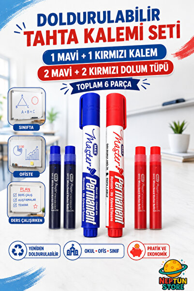 neptünstore MAS 6 Parça Doldurulabilir Beyaz Tahta Kalemi Seti