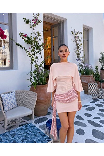 Slassy Wear Pink Contrast Sequined Belted Dress