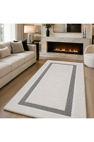 Volas Gümüş Detaylı Peluş Halı, Geometrik Bordürlü Modern Dekoratif Salon Halısı
