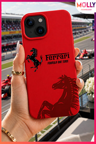Molly iPhone 13/14 İçin Kırmızı Racing Horse Desenli İçi Kadife Silikon Kılıf