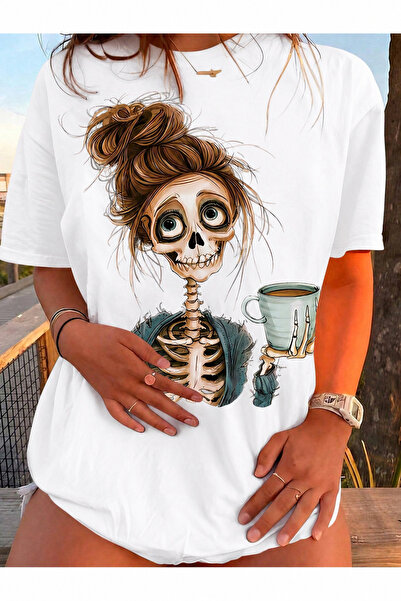 OVER HEAD Kadın İskelet Kahveli Kız Oversıze T-shirt