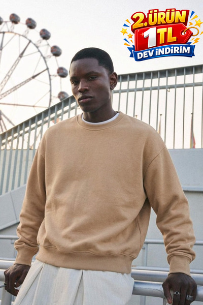 DAMGA JEANS Men's 100% Cotton Regular Fit A.Beige Sweatshirt