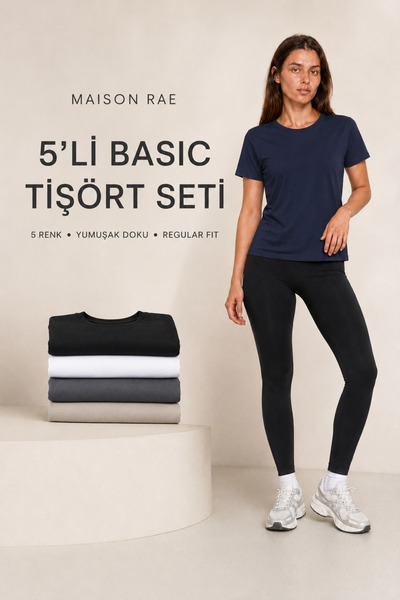 Maison Rae Kadın 5’li Basic Tişört Seti, Siyah- Beyaz- Lacivert- Antrasit- Be...
