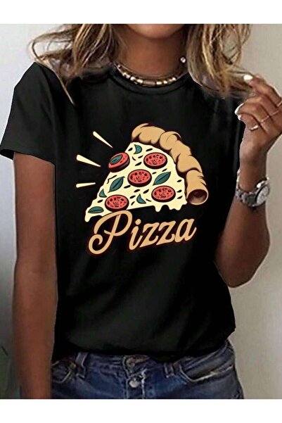 k222 A Retro Pizza Graphic T-Shirt, Short-Sleeved Crew Neck Casual Shirt Spri...