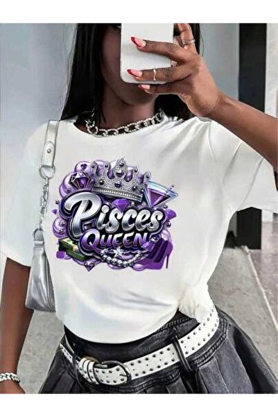 26LIK بلوزة نسائية بأكمام قصيرة وياقة مستديرة مطبوعة بتصميم الملكة مع تفاصيل ...