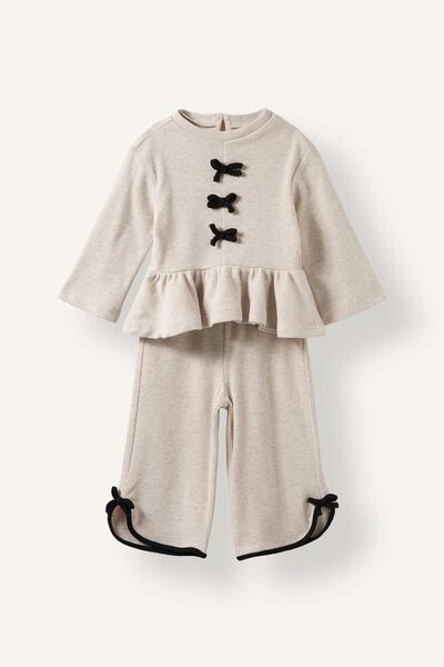 DeFacto Bow and Ruffle Detailed Top and Ribbed Bottom 2-Piece Girls' Set Baby...