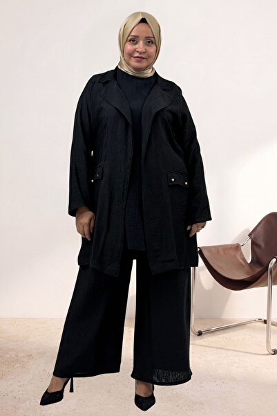 Eslina 67065 Pantaloni mărime mare - Set dublu din Tensel cu jachetă - Negru