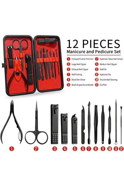 Global Ersat Manicure Set, Pedicure Set, Nail Clippers, 12 Pieces, Premium St...