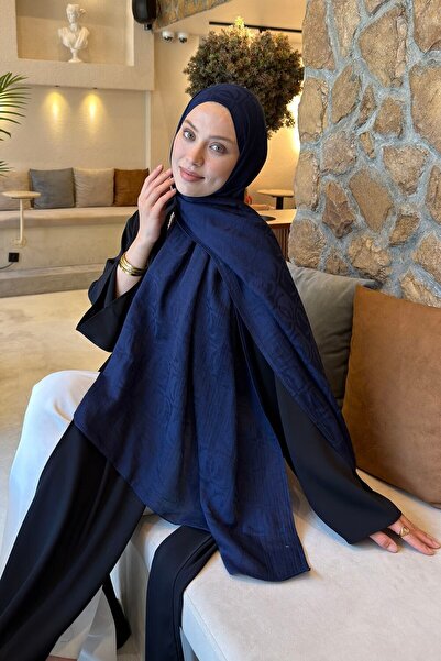 lamelif Cc Desen Aura Cotton Jacquard Shawl Navy Blue