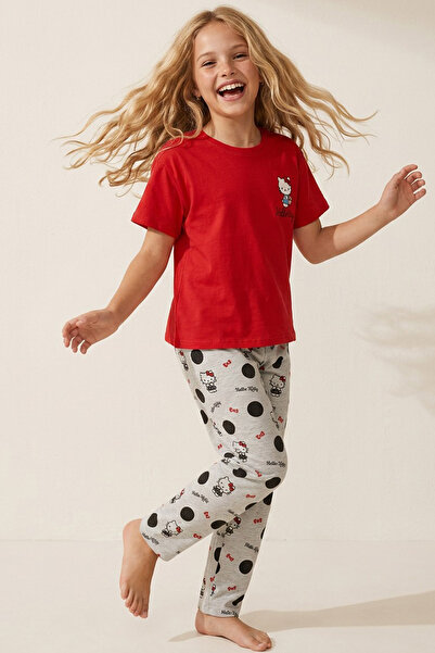 Siyah İnci Hello Kitty Lisanslı %100 Pamuk Kırmızı Çok Renkli Bisklet Yaka Pijama Takım 26120461