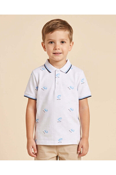 REDTAG Boys White Fish Print Tipped Polo Shirt