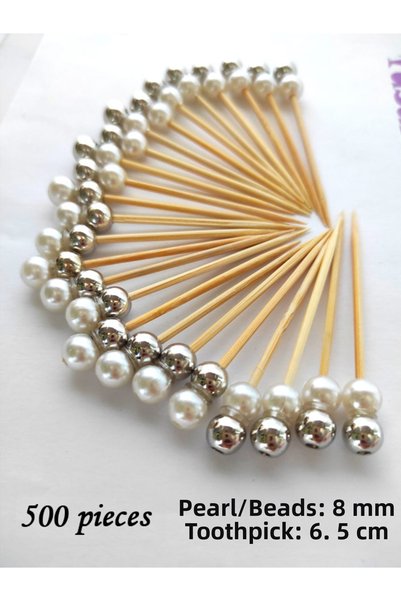 tm tasarı mağazası 500 Pcs Decorative Cream Silver Double Color Double Pearl Beaded Party Toothpicks 6.5 cm - Pearl 8 mm