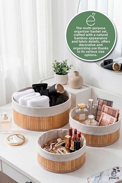 EVONİTA Coș organizator rotund din material textil, 3 piese, raft decorativ, ...
