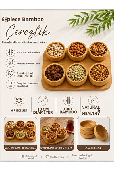 EG75 Bamboo 6-Piece Snack & Nut Presentation Set (10cm.) Round – Natural Wood...