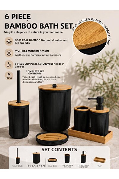 Okyanus Home Set de baie Linea Black Real Bamboo cu 6 piese și tavă