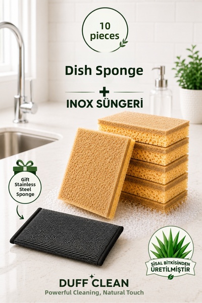 DUFF CLEAN Set de 10 bureți naturali din sisal pentru vase+ (1 bucată cu sârm...