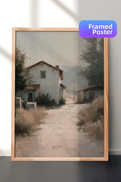 Zestia Pictură murală vintage, drumul satului și casa albă înrămată cu lemn N...