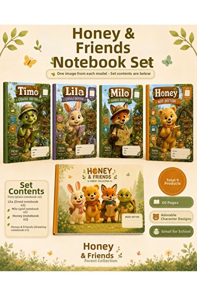 UAStudio Papelia Honey & Friends Small Notebook Set – 9 Pieces Set of Cute Ch...