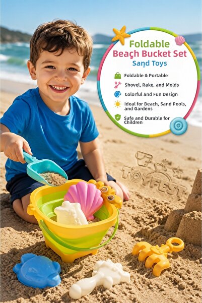 TOYFEST Foldable Beach Bucket Set Sand Toys Shovel Rake Molded Portable Sea T...