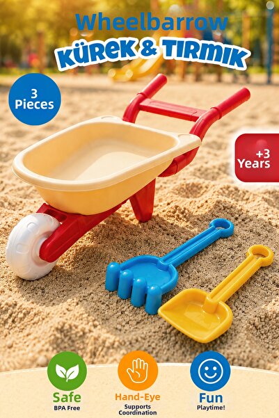 Meleni Toys 3 Piece Wheelbarrow Play Set - Shovel Rake Garden Beach Sand Toy Red