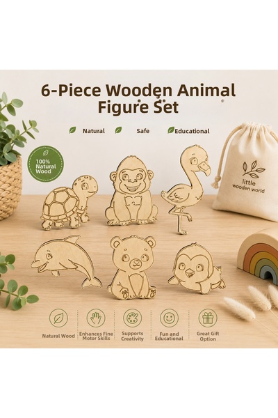 ÇAKRA 6-Piece Wooden Animal Coloring Set – Montessori Educational Activity an...