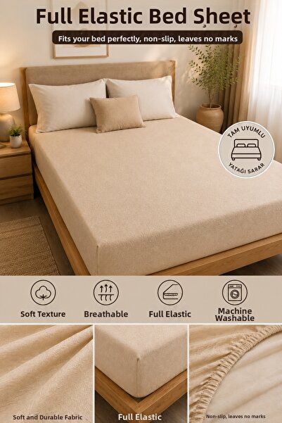 Sleep Garden Premium Crinkle Elastic Cream Bed Sheet Breathable Soft Fabric F...
