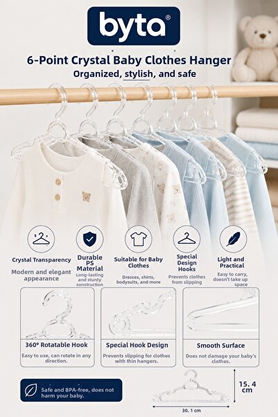 BYTA 6-Piece Crystal Transparent Baby Clothes Hangers – Non-Slip Pp Plastic K...