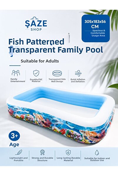 SAZE Fish Patterned Transparent Family Pool 305X183X56 cm Large Inflatable Ga...