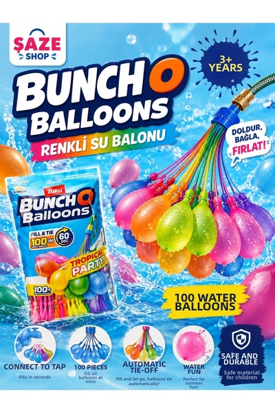 SAZE Bunch O Balloons Colorful Water Balloons 100 Pieces Ages 3+ Quick Fill S...