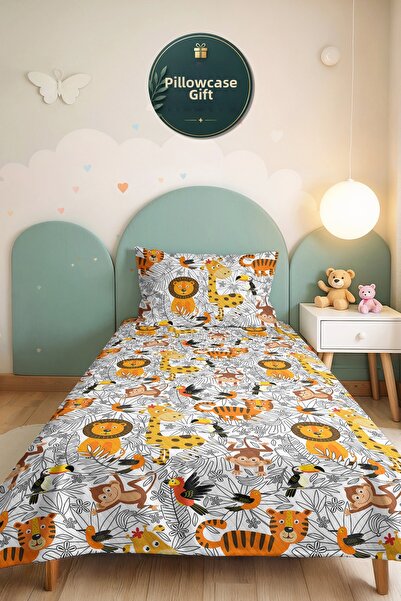 Evimde Bambaşka Safari Animal Orange Boys' Room Single Pique Set - Tropical 1...