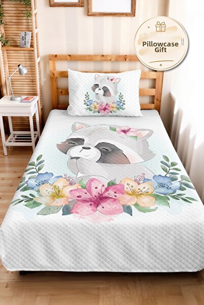 Evimde Bambaşka Floral Raccoon Pink Girls' Pique Set-Pastel Watercolor Blue B...