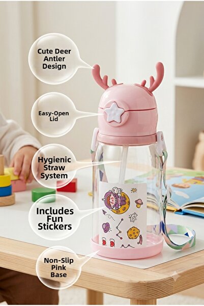 Homerest Cute Deer Design Children's Water Bottle with Straw, Leak-Proof Chil...