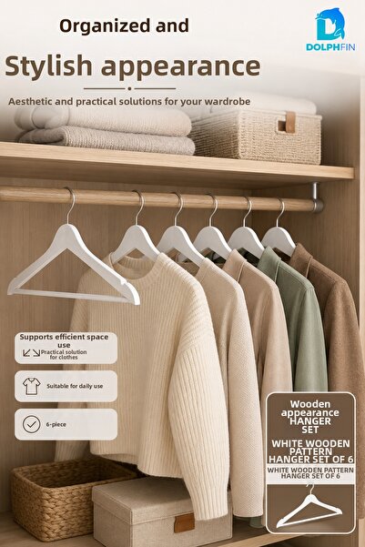 DolphFin White Wood Look Clothes Hanger Set of 6 Plastic Clothes Hangers In-C...