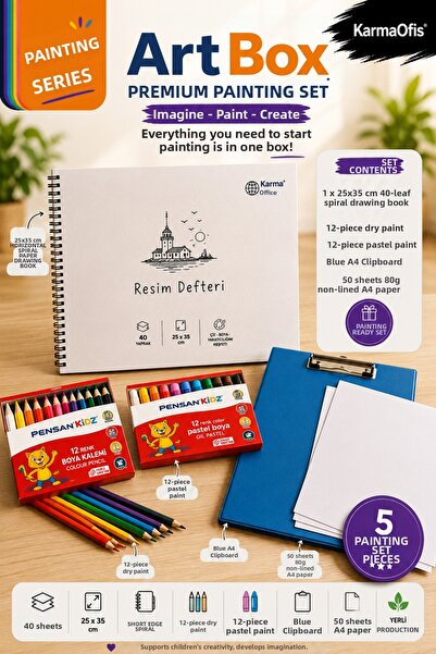KarmaOfis Painting Set |   25X35 cm Spiral Drawing Notebook, 12 Dry Paints, 1...