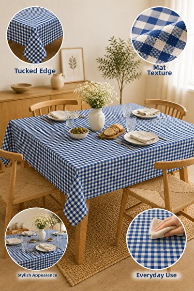 Senpai Duck Fabric Blue Gingham Table Picnic Cover Stain Resistant Multi-Purp...