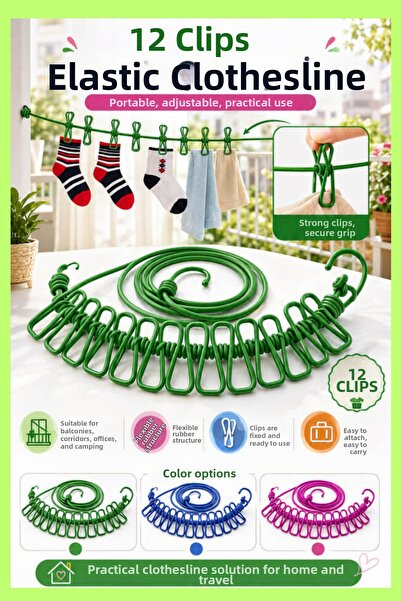 Shopura Portable Travel Clothesline with 12 Pegs Elastic Clothes Pegs with Clips