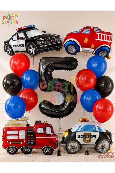 Parti Station Police and Fire Truck Balloon Set 5 Years Old - 15 Piece Police...