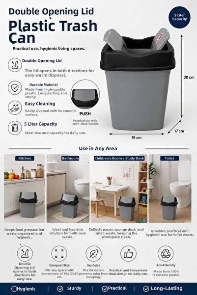 Akyüz Plastik 🗑️   5 Liter Plastic Trash Can |   Double Opening Lid Anthraci...