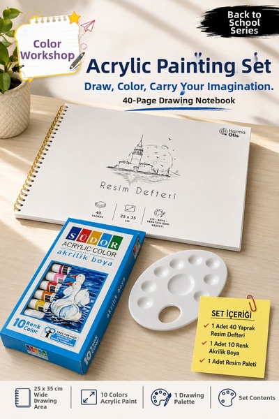 KarmaOfis Art Notebook and Acrylic Paint Set 40 Sheets 25X35 cm 10 Colors Acr...