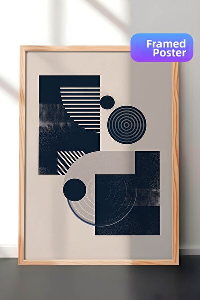 Zestia Pictură murală cu model geometric cu ramă din lemn, model cerc dreptun...