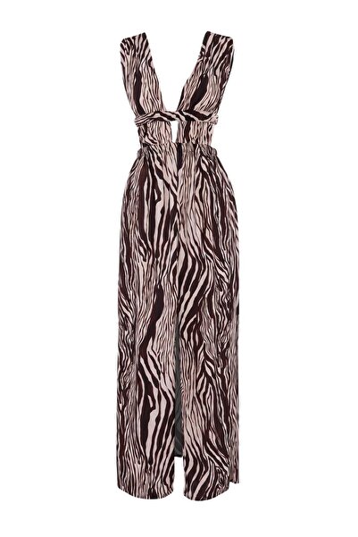 Trendyol Collection Rochie de plajă maxi țesută cu model zebră și șliț TBESS2...