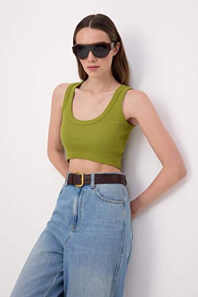 Trendyol Collection Oil Green Fitted/Bodycon Pool Collar Super Crop Ribbed Fl...