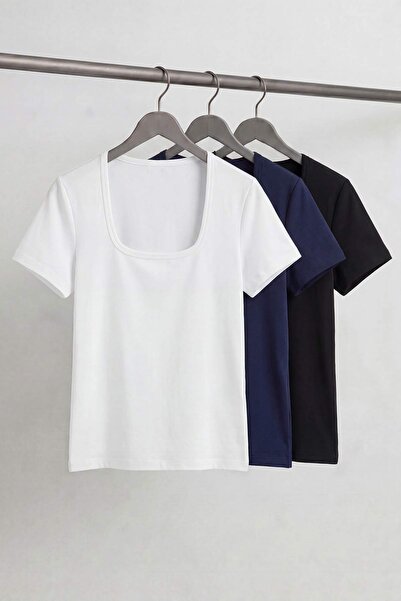 Trendyol Collection Black White Navy Blue 3-Pack Body-Fitting Flexible Knitte...